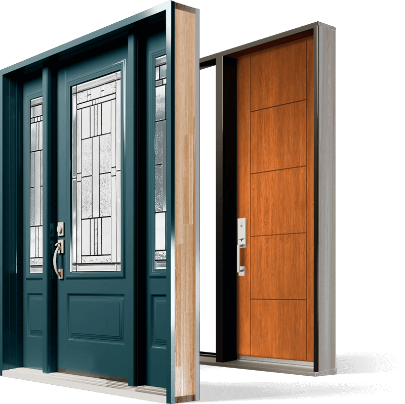 Split view of two residential front doors: the left features a teal door with decorative glass panels and a silver handle; the right displays a modern wooden design with a sleek silver handle and no glass.