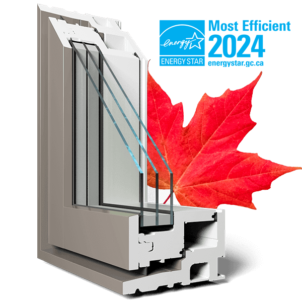 A RevoCell triple pane window with a Canadian maple leaf behind it and an ENERGY STAR Most Efficient 2025 logo