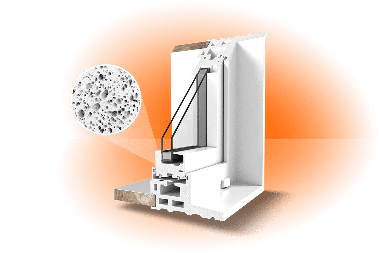 A cutout of a RevoCell slider window featuring it's microcellular (mPVC) technology.