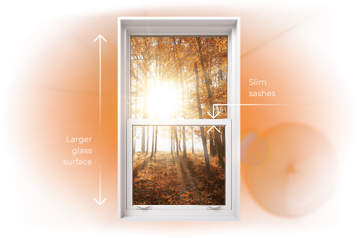 A RevoCell hung window showcasing it's thinner mullions and more glass surface area, making them brighter.