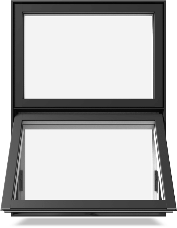 The front view of a partially open RevoCell awning window with black exterior colour