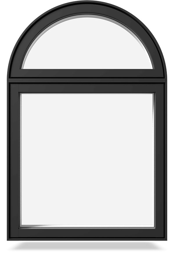 The front view of a custom-arch RevoCell fixed window with black exterior colour