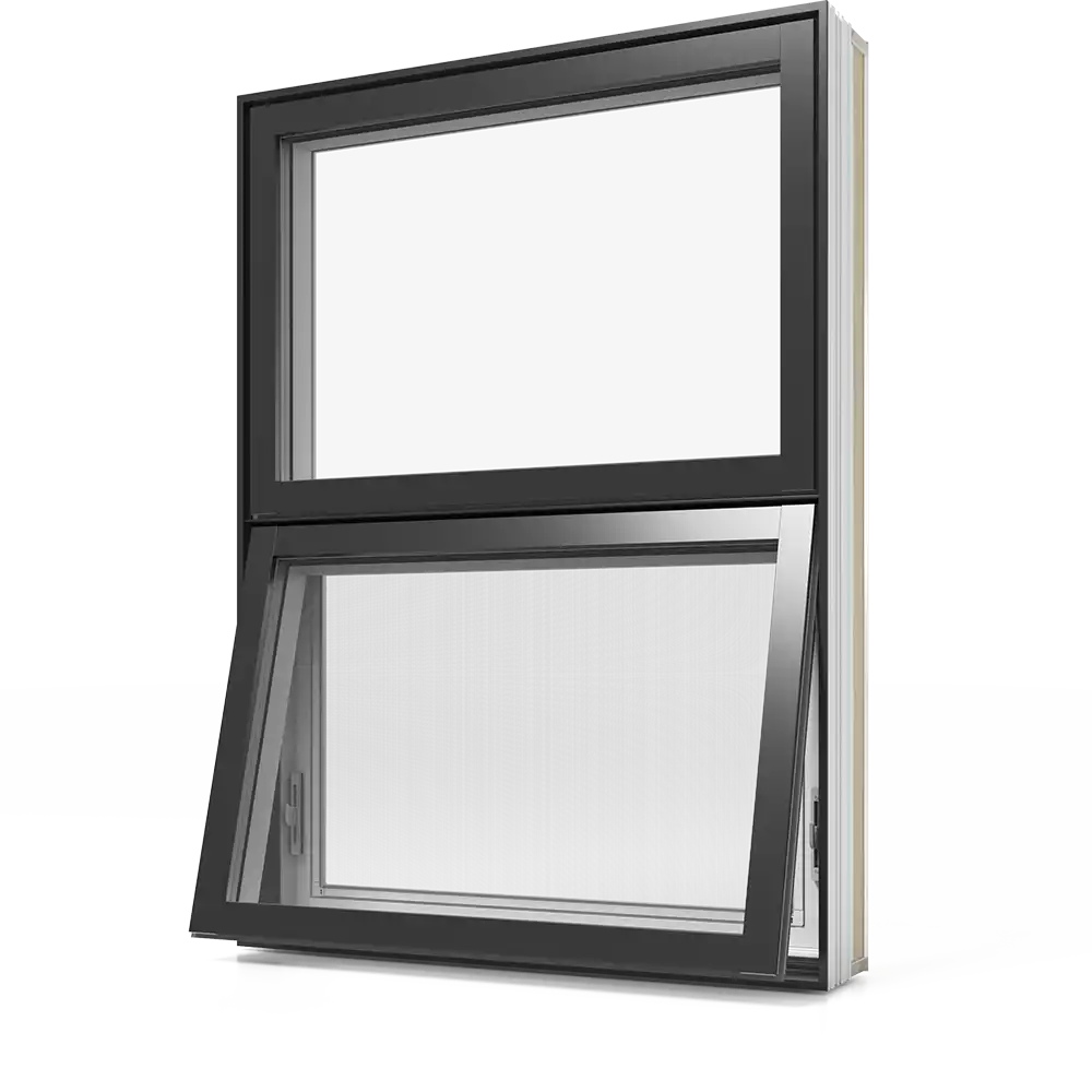 A partially open RevoCell awning window with black exterior colour
