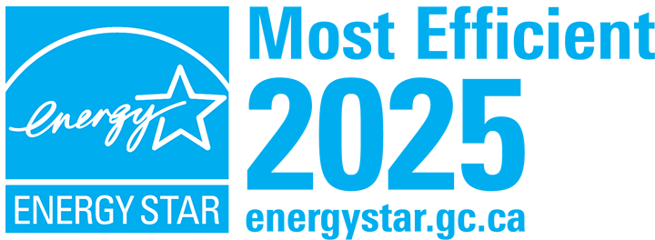 Blue and white ENERGY STAR logo with a star and the word energy. Text reads: Most Efficient 2025 energystar.gc.ca.